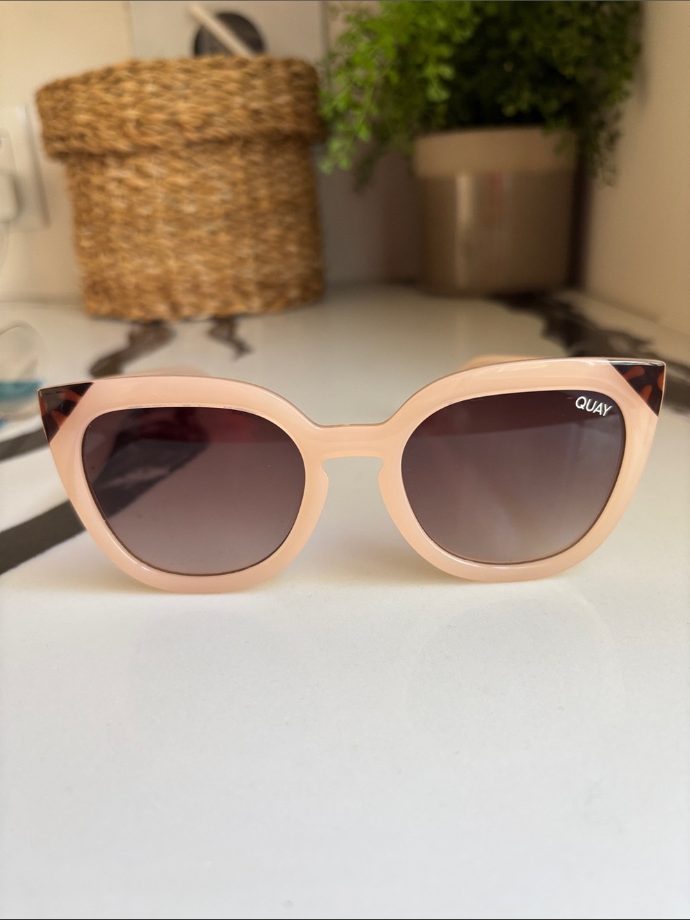 Quay Australia Blush Pink Cat-Eye Sunglasses with Gradient Gray Lenses